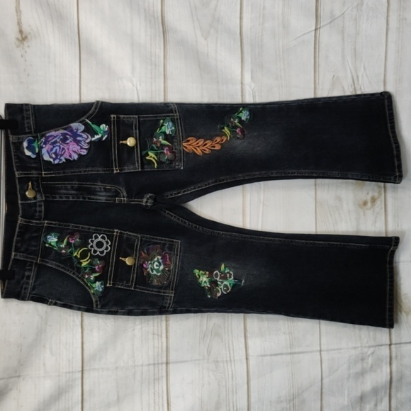 CYNTHIA Rowley Embellished Kick Flare Dark Wash Cargo Jeans, Size 0 - Picture 1 of 15